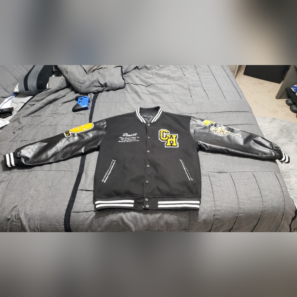 Mens Ski mask/gun&rose Varsity Jacket